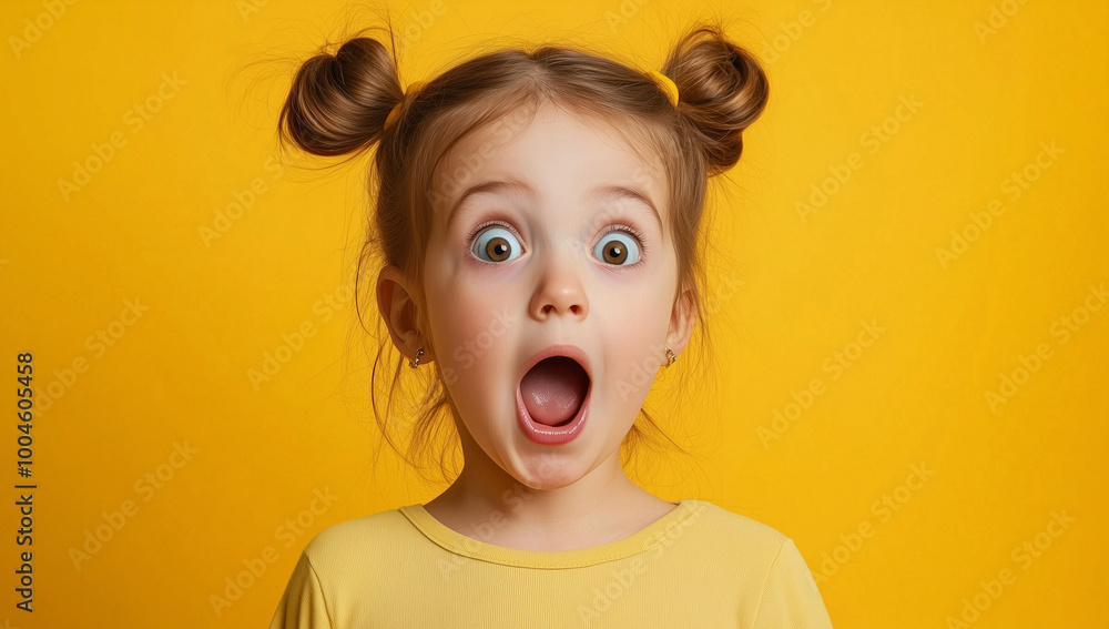 A young girl with pigtails, her mouth open and eyes wide in amazement, set against a yellow background A young girl with pigtails, her mouth open and eyes wide in amazement, set against a yellow background