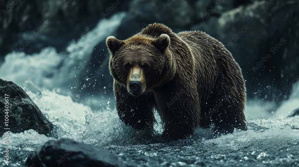 A large brown bear stands in a rushing river, its fur glistening with water droplets. A large brown bear stands in a rushing river, its fur glistening with water droplets.