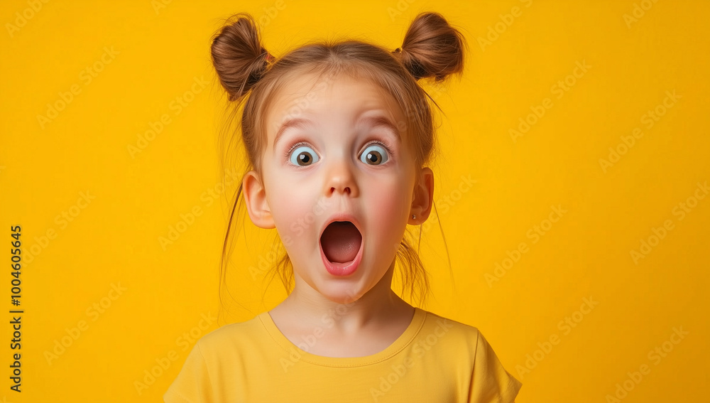 A young girl with pigtails, her mouth open and eyes wide in amazement, set against a yellow background A young girl with pigtails, her mouth open and eyes wide in amazement, set against a yellow background