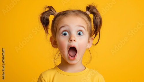 A young girl with pigtails, her mouth open and eyes wide in amazement, set against a yellow background