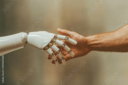 Bitrth of Future concept. Hand of robot touches human one over gray background. Close-up. Poster style. Studio shot