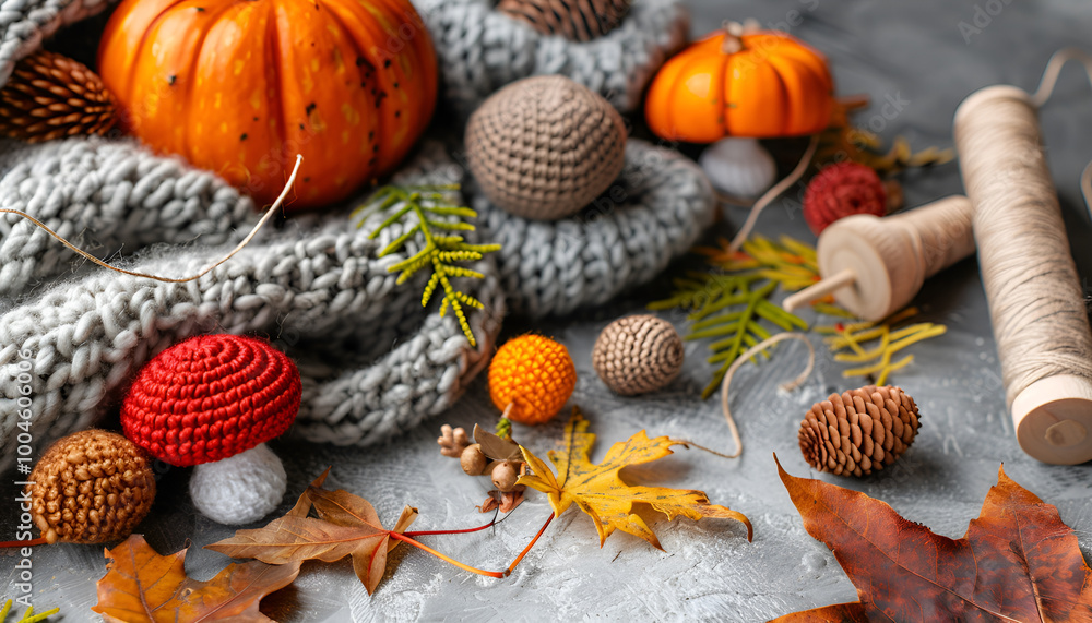 Set of clew of thread for knitting. Crocheted mushrooms, pumpkins, handmade, autumn hobby concept. Props and special craft tools on light stone concrete background, copy space Set of clew of thread for knitting. Crocheted mushrooms, pumpkins, handmade, autumn hobby concept. Props and special craft tools on light stone concrete background, copy space