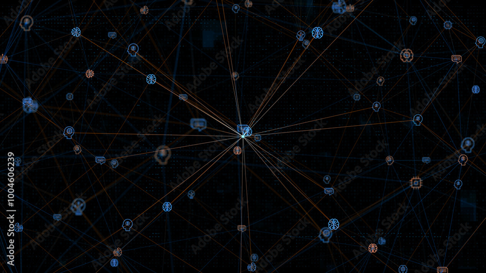 Blue digital ai icons linked on grid mesh and line connection on futuristic abstract background technology artificial intelligence assistant concept Blue digital ai icons linked on grid mesh and line connection on futuristic abstract background technology artificial intelligence assistant concept
