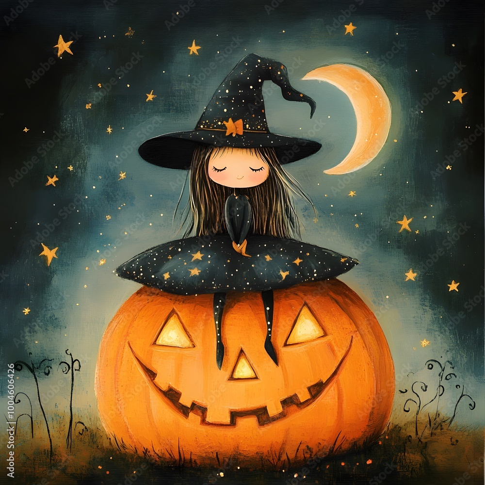 A cute witch perched on a round pumpkin, her hat falling over her eyes, with stars and a crescent moon softly glowing above A cute witch perched on a round pumpkin, her hat falling over her eyes, with stars and a crescent moon softly glowing above