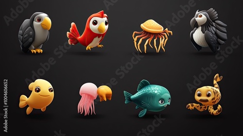 3D cartoon illustrations of a fish, parrot, jellyfish, and seahorse against a dark background. photo