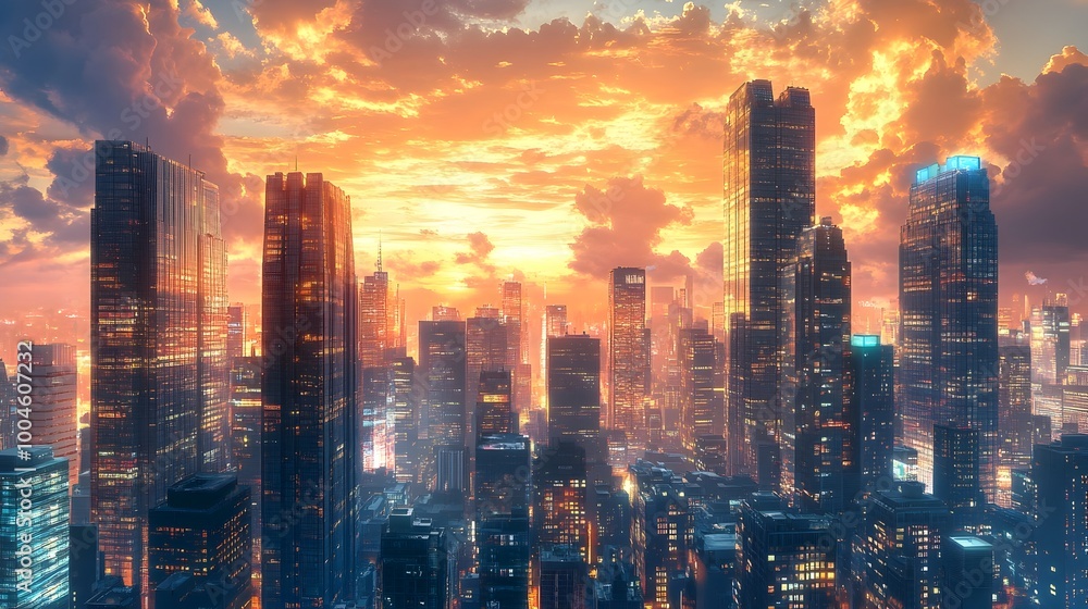 Obraz premium Dramatic skyline of towering illuminated skyscrapers against a backdrop of a vibrant colorful sky at sunset The urban cityscape is bathed in the golden glow of the setting sun creating a cinematic