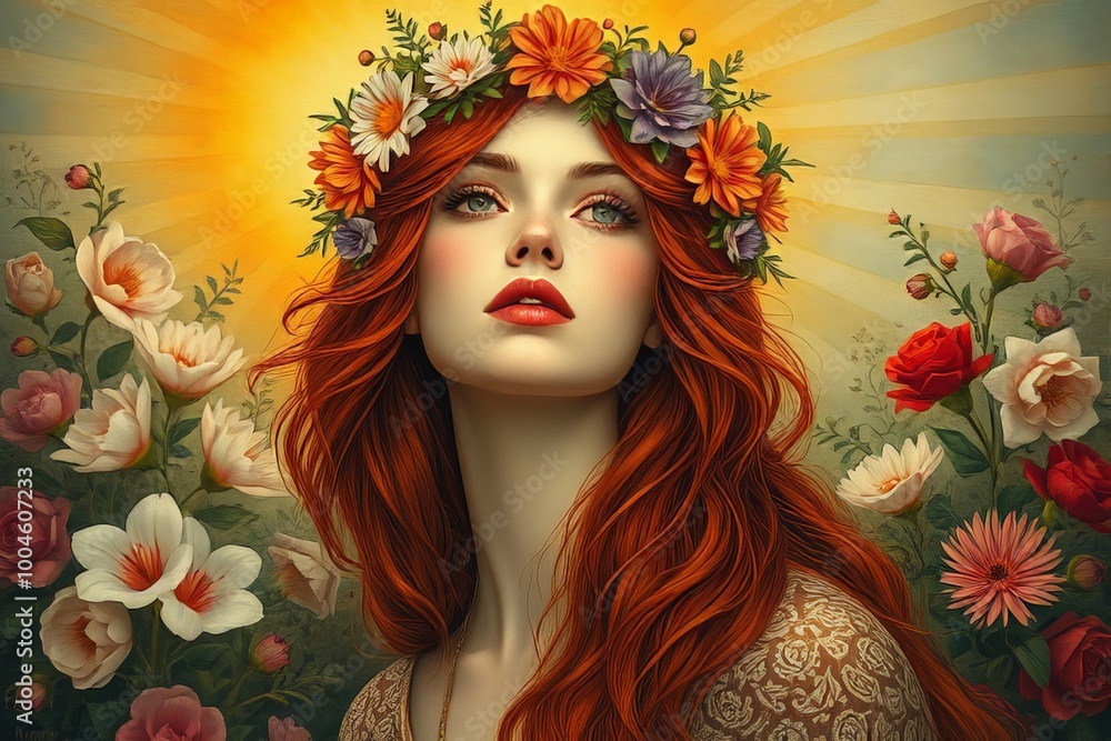 Portrait of a red-haired woman wearing a flower crown surrounded by blooming flowers under radiant sunlight Portrait of a red-haired woman wearing a flower crown surrounded by blooming flowers under radiant sunlight