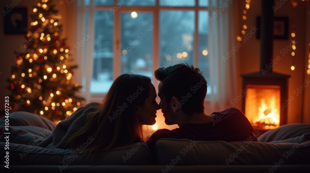Couple snuggling on the couch while watching a romantic movie together on New Years Eve Couple snuggling on the couch while watching a romantic movie together on New Years Eve