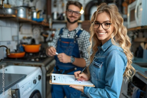 Beautiful woman with eyeglasses smiling and signing an appliance repair invoice on a clipboard in front of a handsome plumber in a house kitchen.