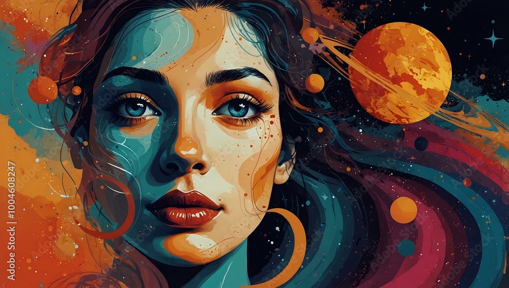 Abstract illustration of a woman's face with swirls and planets. Abstract illustration of a woman's face with swirls and planets.
