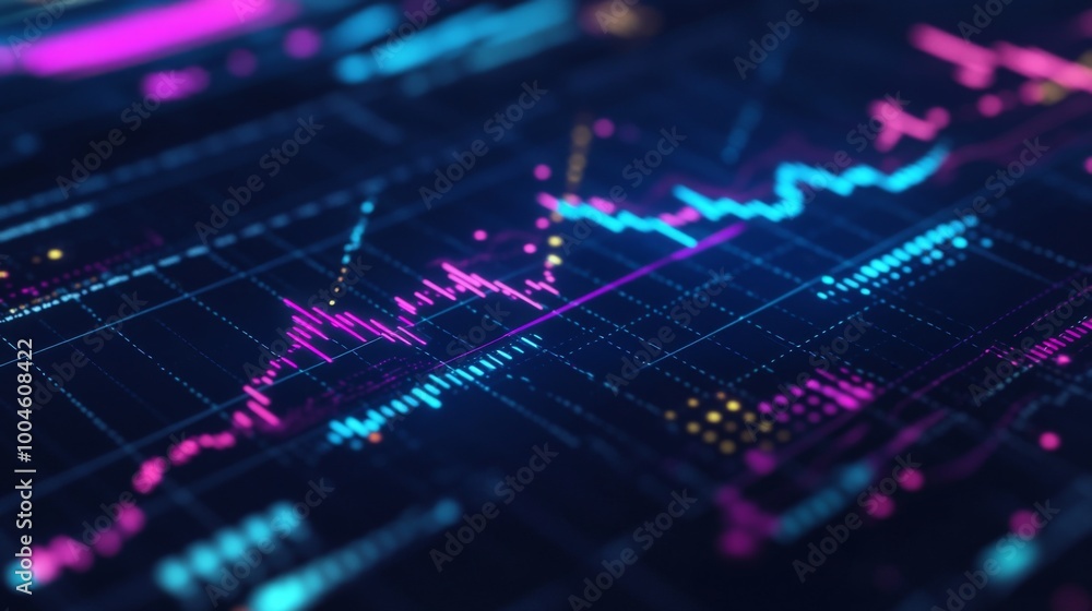 A close-up shot of a digital financial graph on a computer screen, showcasing rising and falling trends with vibrant colors, illustrating market fluctuations and investment opportunities.