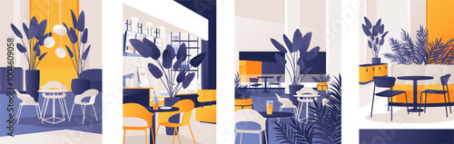 Set of hand drawn vector flat illustrations. Concept inside shopping mall. Modern interior with food court, cafeterias and restaurants surrounded by indoor large pots with tropical plants.
