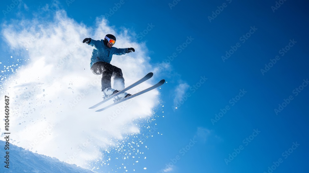 Extreme skier in mid-air jump, snow spray Extreme skier in mid-air jump, snow spray