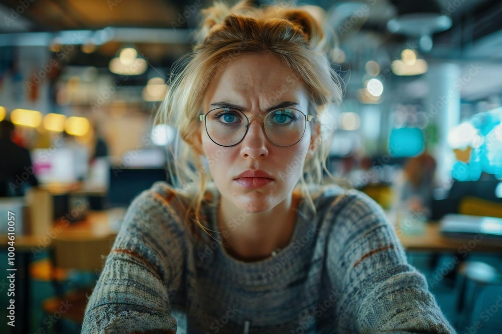 Sad businesswoman wearing eyeglasses and suffering from neck pain while working in the office. Sad businesswoman wearing eyeglasses and suffering from neck pain while working in the office.