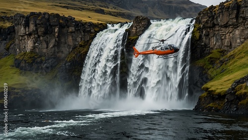 Airbus H125 helicopter flying near Dynjandi waterfall in Iceland. photo