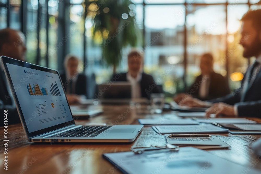 Laptop with financial graphs on a table in a boardroom with a business meeting. Laptop with financial graphs on a table in a boardroom with a business meeting.