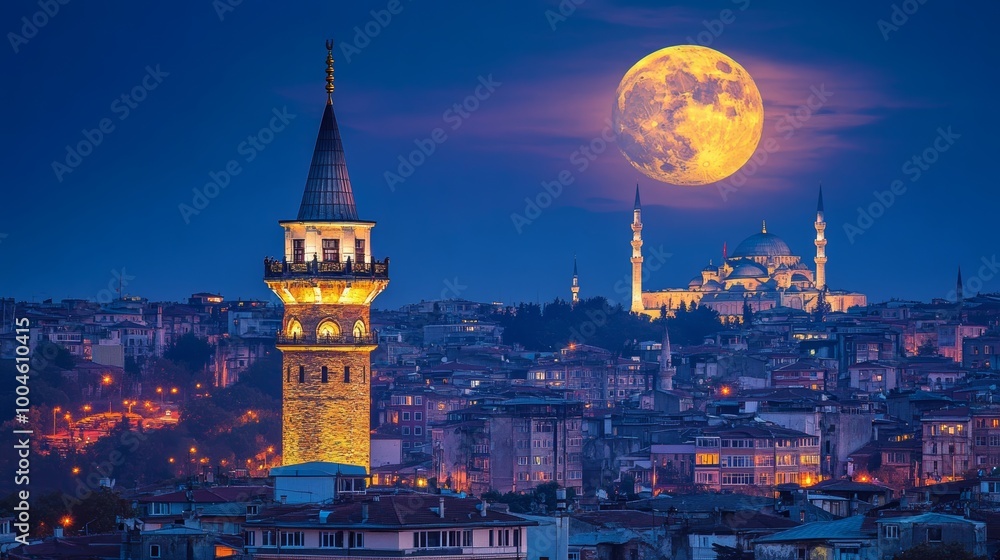 Fototapeta premium Galata tower at night in Istanbul, Turkey. 