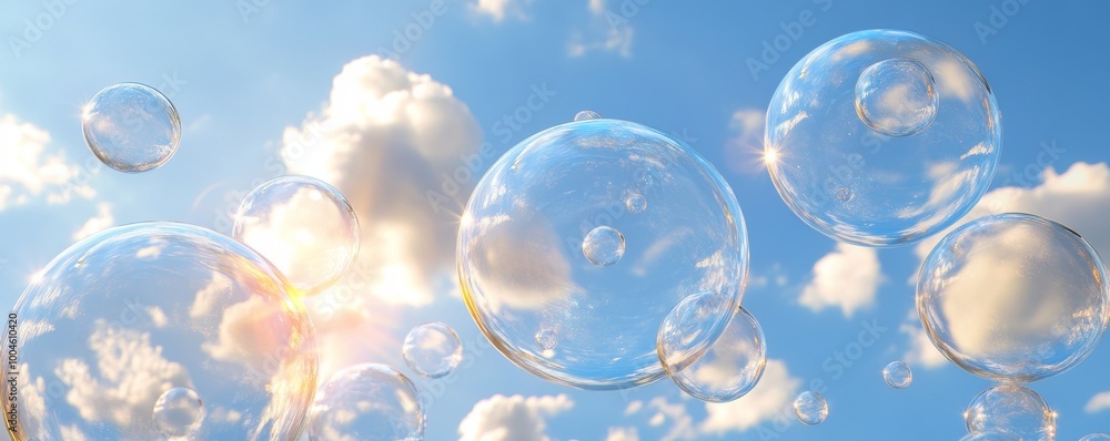 Soap bubbles floating in a sunny blue sky with fluffy white clouds Soap bubbles floating in a sunny blue sky with fluffy white clouds