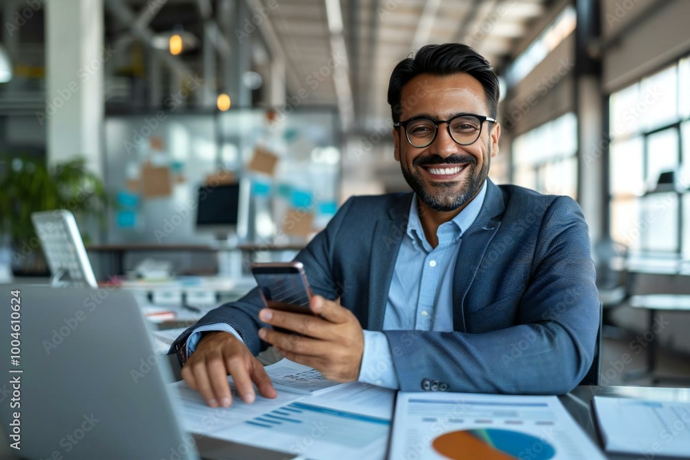 custom made wallpaper toronto digitalBeautiful businessman wearing eyeglasses smiling while doing online banking on his mobile phone at his office desk.