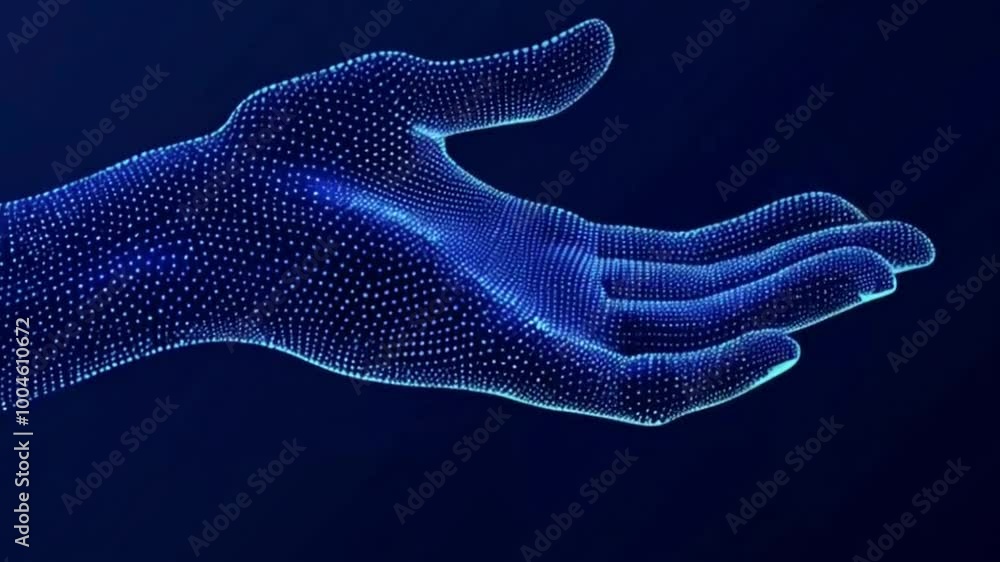 Abstract Digital Wave Pattern with Gradient Colors and Hand Shape Technology on Dark Blue Background Abstract Digital Wave Pattern with Gradient Colors and Hand Shape Technology on Dark Blue Background