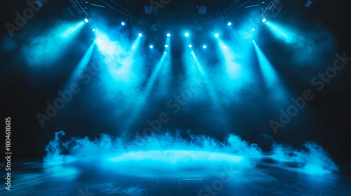 stage with glowing blue lights and smoke, with spotlight and smoke effects on a black background, stadium presentation