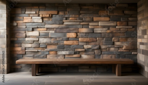 Artistic mosaic brick wall featuring a cozy wooden settle in an inviting interior space photo