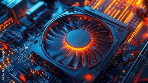 Close-up of a computer cooling fan on a circuit board.