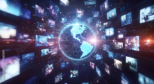 Abstract digital globe surrounded by multiple television screens. representing global network connectivity, news and media connectivity. A symbol of the impact of modern communication technology