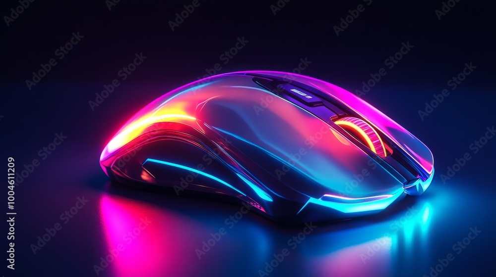 Modern computer mouse glowing with neon lights on dark background Modern computer mouse glowing with neon lights on dark background