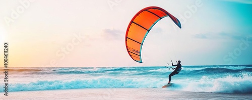 Kite surfer riding powerful wind gusts, waves crashing beneath, high-energy coastal sport