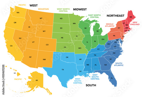 United States of America, Census regions and divisions, colored political map. Map of the USA with four main regions, nine divisions, fifty states and the District of Columbia. Isolated illustration.