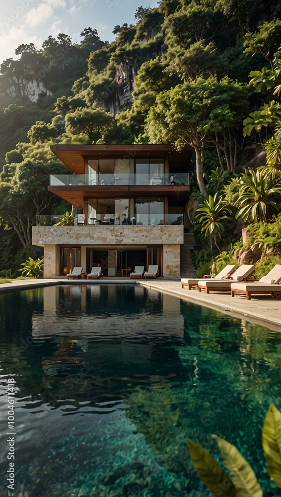 An exotic villa with an infinity pool on a cliff, surrounded by lush greenery and fresh breezes. An exotic villa with an infinity pool on a cliff, surrounded by lush greenery and fresh breezes.