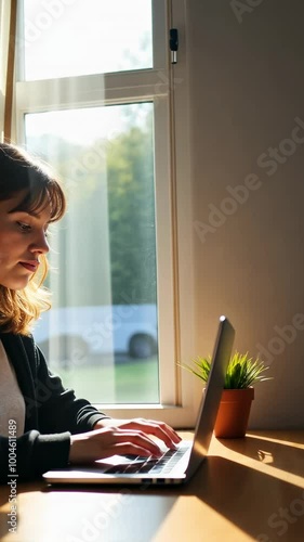 A woman is sitting at a table with a laptop in front of her. She is typing on the laptop and looking at the screen. The room is dimly lit, and there is a potted plant on the table