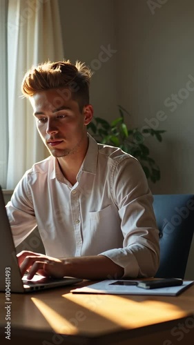 A man is sitting at a desk with a laptop in front of him. He is typing on the keyboard and looking at the screen. Concept of focus and productivity, as the man is engaged in a task on his computer