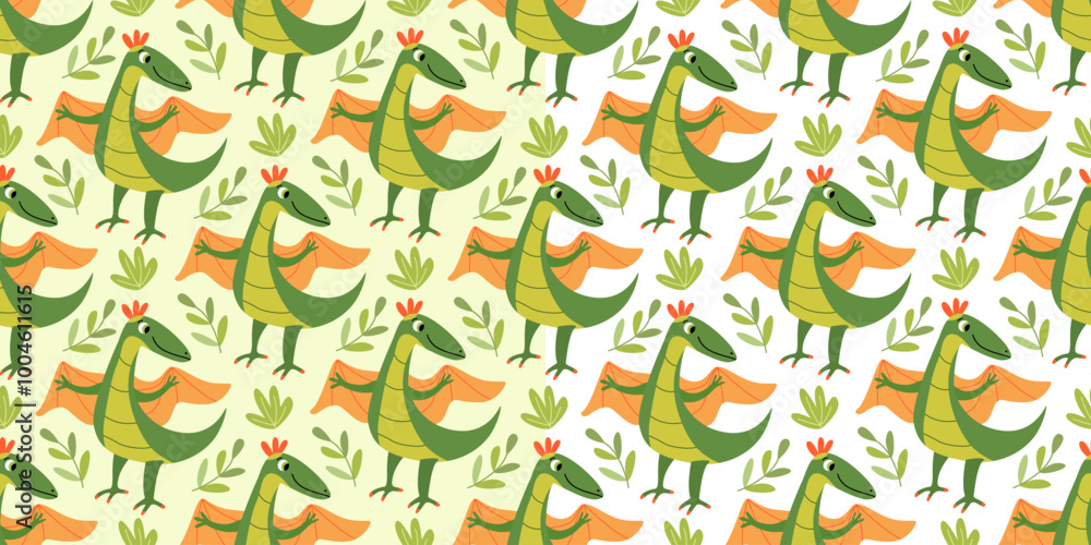 Set of seamless patterns with funny little dinosaurs with wings and tropical green leaves. Great for fabrics, wrapping papers, wallpapers, covers. Vector illustration in hand drawn flat style Set of seamless patterns with funny little dinosaurs with wings and tropical green leaves. Great for fabrics, wrapping papers, wallpapers, covers. Vector illustration in hand drawn flat style