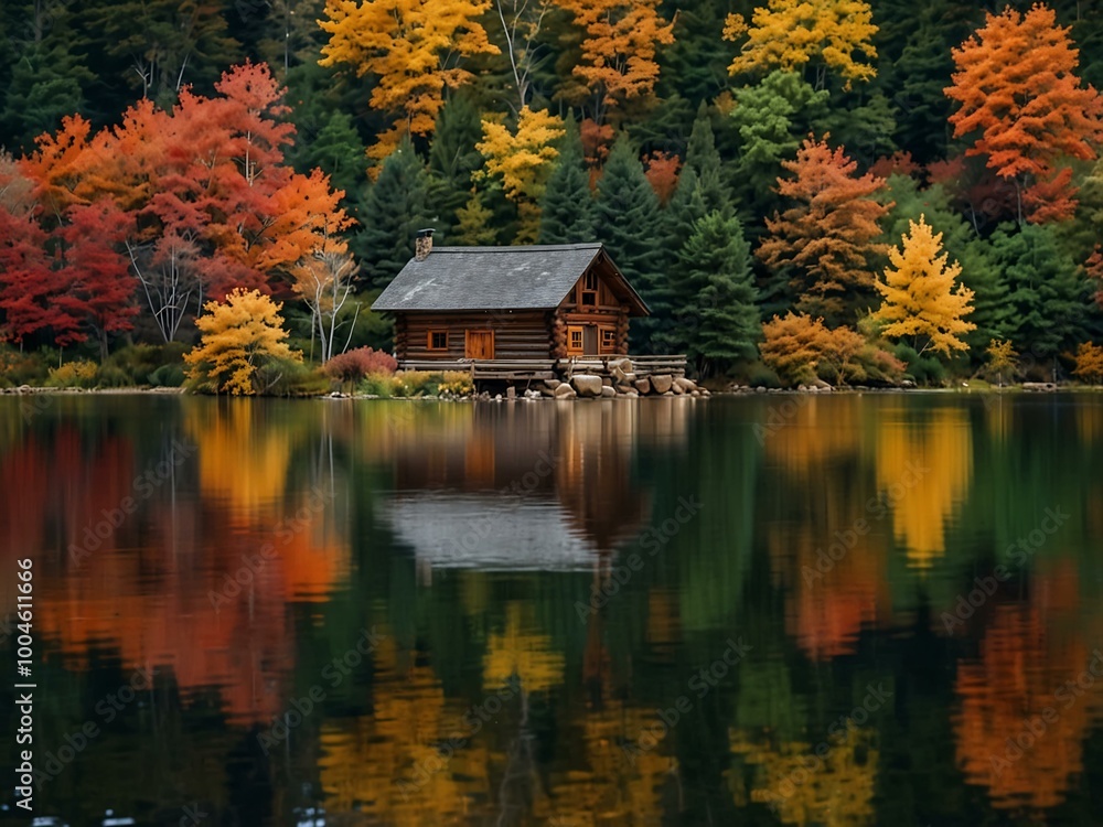 An idyllic log cabin reflects in a tranquil lake, framed by vibrant autumn foliage. An idyllic log cabin reflects in a tranquil lake, framed by vibrant autumn foliage.