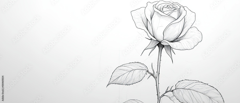 A detailed line drawing of a single rose with leaves and thorns. A detailed line drawing of a single rose with leaves and thorns.