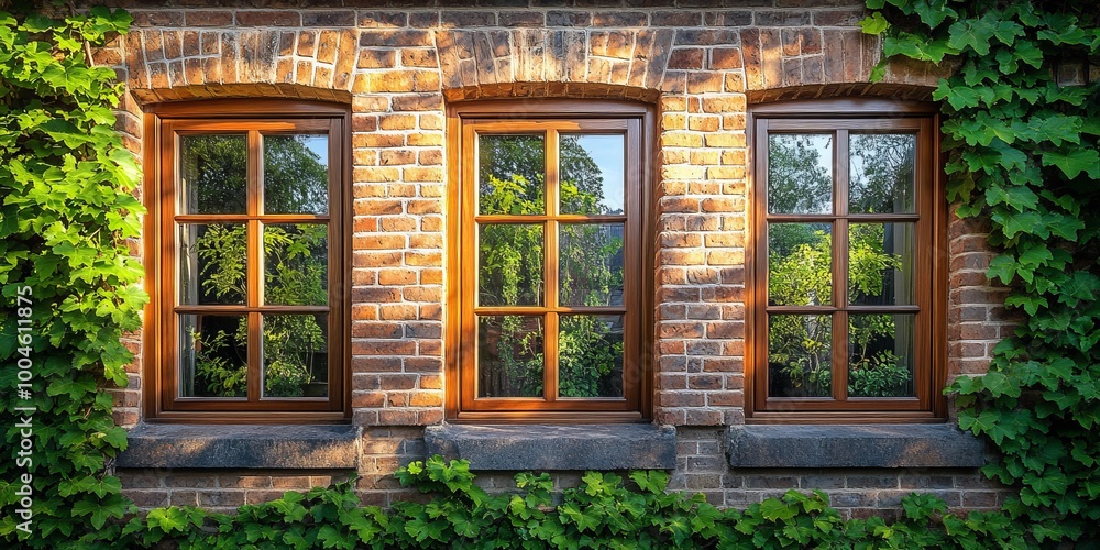 Three Windows on a Brick Wall with Ivy Three Windows on a Brick Wall with Ivy
