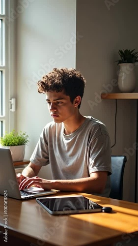 A young man is sitting at a desk with a laptop and a tablet. He is typing on the laptop and looking at the tablet. Scene is focused and productive