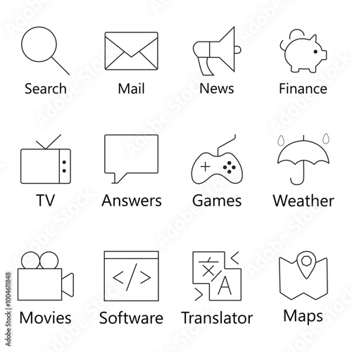 Search, finance, Mail, games, software, translator, maps, icon set illustration