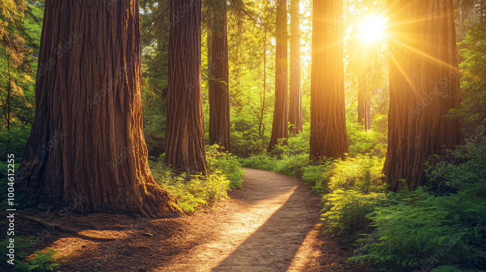 Obraz premium A lush forest with towering redwood trees and a sunlit path. 