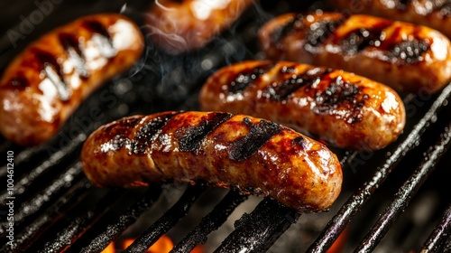 A close-up shot of sizzling sausages on a grill, with grill marks and juices glistening, capturing the mouthwatering essence of summer barbecues.