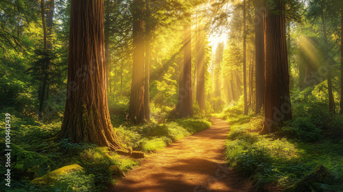  A lush forest with towering redwood trees and a sunlit path. 