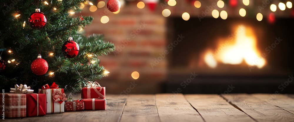 A Christmas tree adorned with red ornaments and gifts stands on a wooden table and burning fireplace A Christmas tree adorned with red ornaments and gifts stands on a wooden table and burning fireplace
