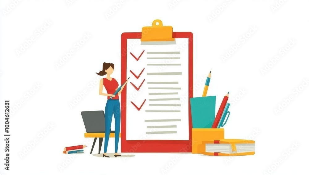 illustration of an individual standing next to large clipboards with a checklist, and holding a pen in their hand Generative AI illustration of an individual standing next to large clipboards with a checklist, and holding a pen in their hand Generative AI