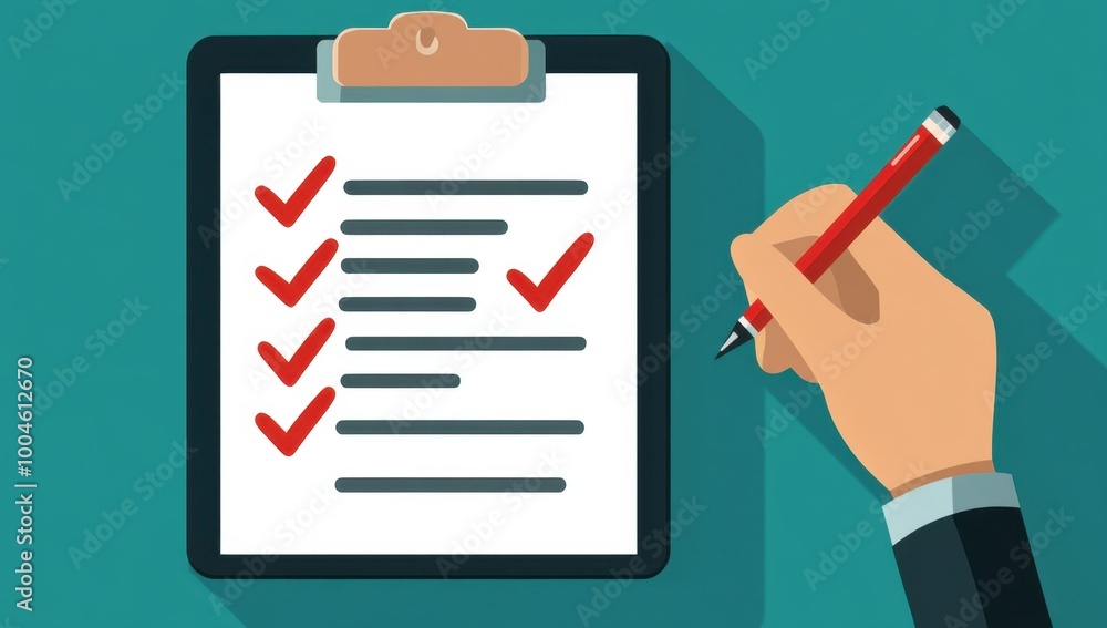 illustration of an icon depicting the concept of a checklist, with someone standing next to it holding a pen and writing on a clipboard Generative AI illustration of an icon depicting the concept of a checklist, with someone standing next to it holding a pen and writing on a clipboard Generative AI