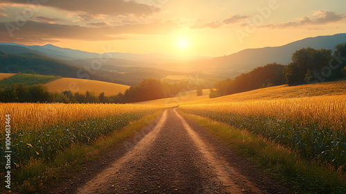 Wheat field with a path road through the golden field stretching to the horizon. Rural landscape of a cereal rye field.