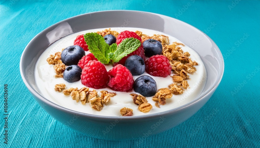 breakfast bowl with greek yogurt, fresh mixed berries, granola and mint breakfast bowl with greek yogurt, fresh mixed berries, granola and mint