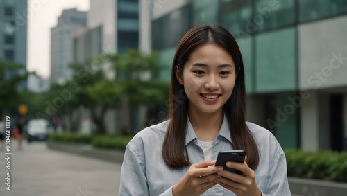 Asian woman holding a smartphone.