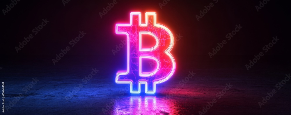 Bitcoin symbol glowing on concrete floor with reflection Bitcoin symbol glowing on concrete floor with reflection